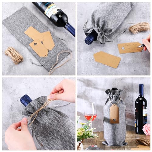 Windyun 100Pcs Burlap Wine Bags with Drawstring, Gray, Gift Sacks for 750ml Bottles