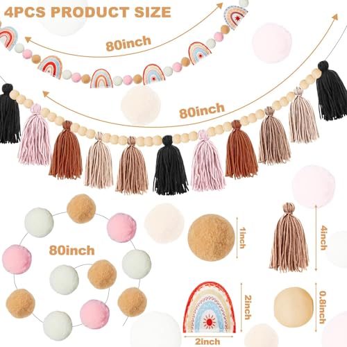 4-Piece Boho Felt Garland Set, Rainbow and Tassel Wall Decor for Nursery