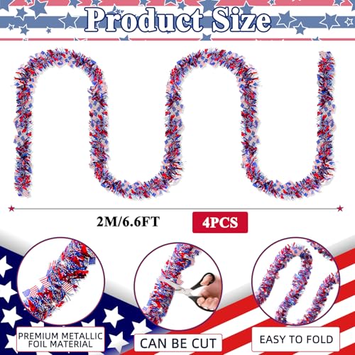 Patriotic Red White & Blue Tinsel Garland with American Flags - 4 Pack