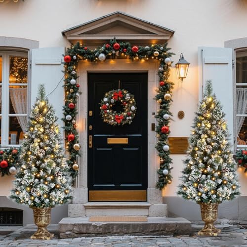 4ft Pre-Lit Artificial Christmas Tree with Gold Pot and Flocked Snow