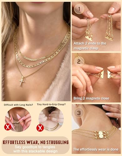 Krfy 3Pcs Gold Plated Cross Necklace Set with Magnetic Clasp for Women