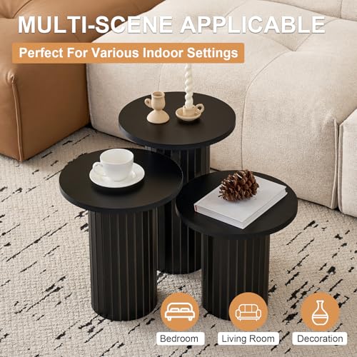 3-Piece Modern Nesting Coffee Table Set with Fluted Drum Base, Black