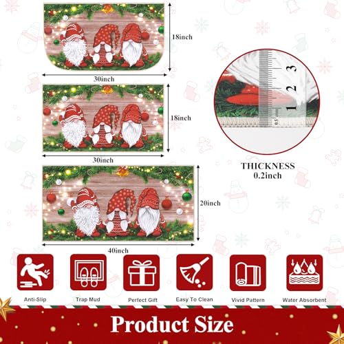 Christmas Gnomes Kitchen Rugs Set of 3 - 18x30, 18x30DShape, 20x40 Runner, Non Slip