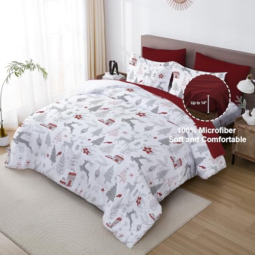 Luxudecor Christmas King Comforter Set - 7 Pieces, Red & White Reindeer Bed in a Bag, King