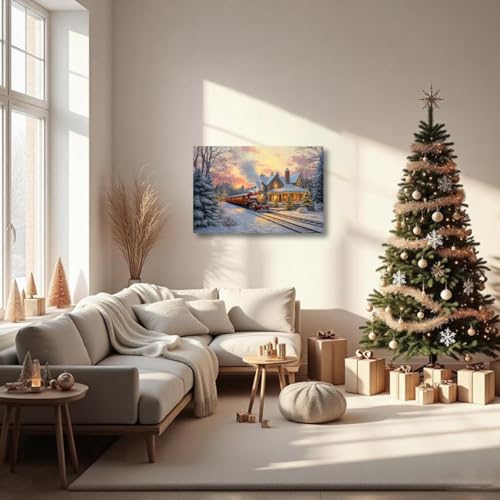 XLMDYYSW Christmas Red Train Wall Art Canvas Print 16" x 24" Winter Scene Cabin Decor
