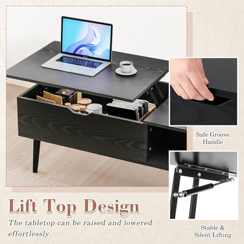 Lift Top Coffee Table with Hidden Storage Compartment and Side Shelves