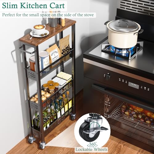 4-Tier Slim Rolling Storage Cart - 5" Narrow Utility Organizer with Wood Top