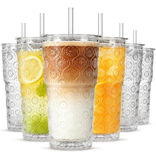 20 oz Begonia Flower Glass Tumbler Set with Lids and Straws - 6 Pack