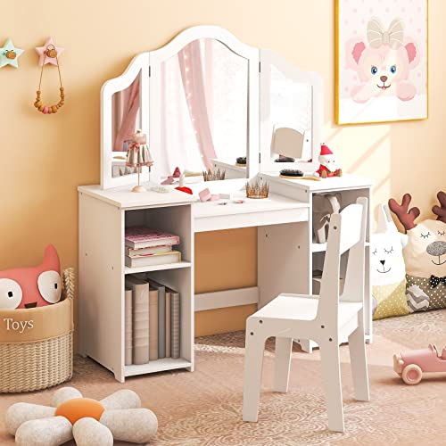 Kids Vanity Set with Mirror, 2-in-1 Wooden Makeup Table and Chair for Girls