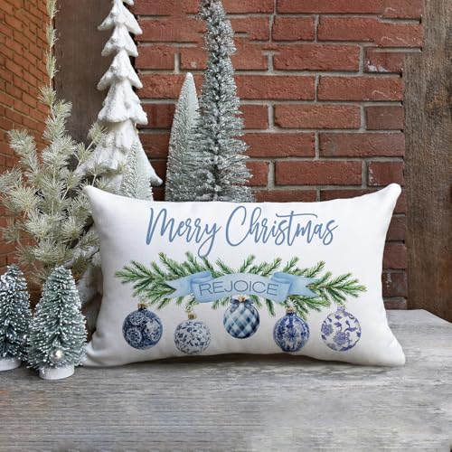 NUTEEN Christmas Pillow Cover 12x20 Blue Baubles & Snowflake Joy - 3 Blue Trees