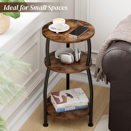 Yuede 11.8'' Rustic Brown 3-Tier Round Side Table for Small Spaces