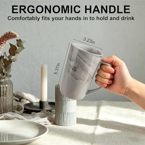 Grey Ceramic Coffee Mug Set of 4, 16 oz Large Marble Design Tea Cups with Handle - NBABSR