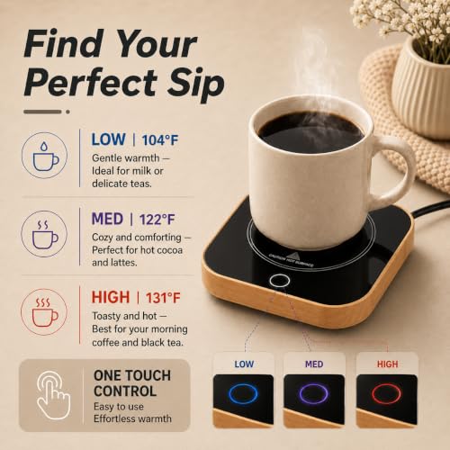Defashun Square Wood Grain Coffee Mug Warmer for Desk - 3 Temp Settings, Auto Shut-Off