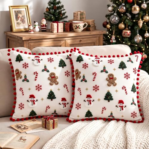 Oudain Christmas Tree Pillow Covers 18x18 Set of 2 with Red Pom Pom Trim - Gingerbread Man & Snowman December Holiday Throw Cushions, 18x18, Velvet
