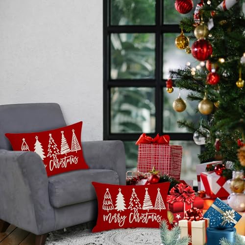 MAZSHTTD 3-Pack Red Christmas Pillow Covers 12x20 Inch Holiday Sofa Decor