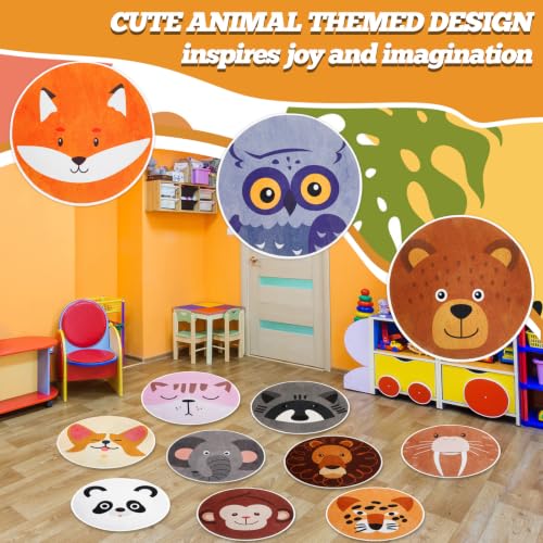 12-Piece Animal Print Round Classroom Rugs, 15-Inch Non-Slip Floor Cushions