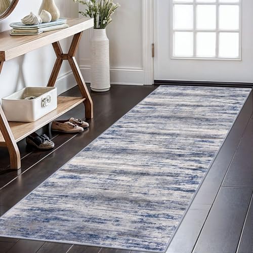 Washable 2x6 Rug Runner, Non-Slip Abstract Striped Hallway Rug, Grey-Blue