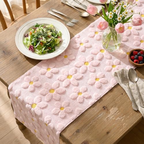 Pink Faux Fur Jacquard Daisy Table Runner 13x108 Inch for Home & Dining