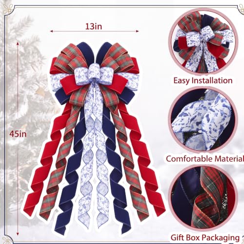 45 Inch Chinoiserie Christmas Tree Topper Tartan Bow Decor