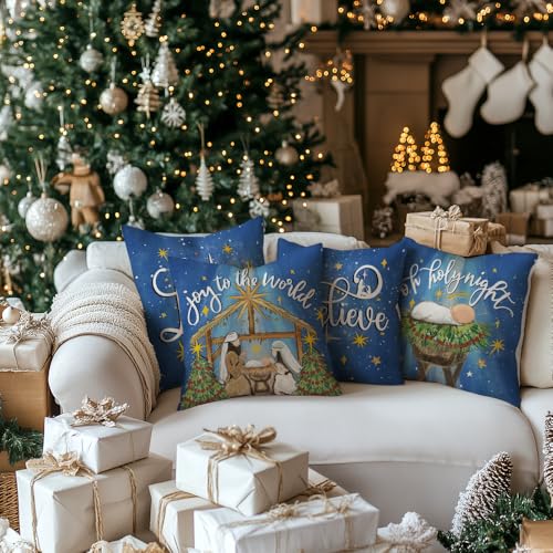 GEEORY Christmas Throw Pillow Covers 18x18 Inch Set of 4 Blue Holy Night Religious Decor