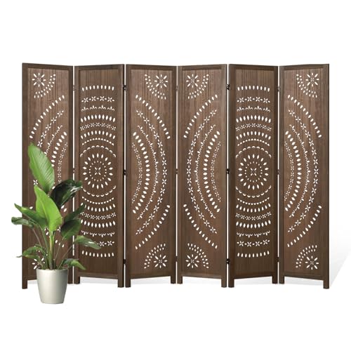 6-Panel Folding Room Divider, Freestanding Wood Carved Privacy Screen