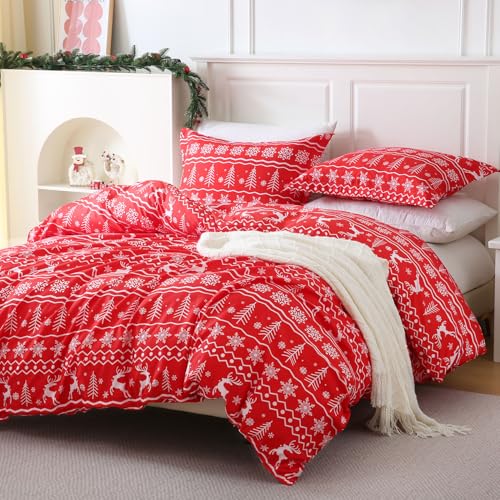 JSD Vintage Red Reindeer Snowflakes Christmas Duvet Cover Set Twin Size