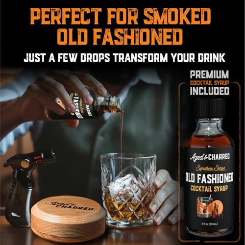 Aged & Charred Whiskey Smoker Kit Oak Wood with Butane & Syrup - Gift Set