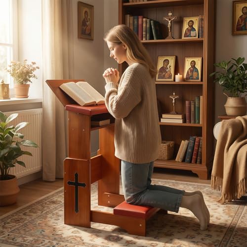 Folding Prayer Kneeler Bench with Bookshelf - Adjustable Wooden Prayer Stool