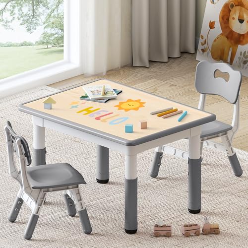 GITAWUSA Kids Study Table & 2 Chairs Set, Height Adjustable, Graffiti Desktop, Grey