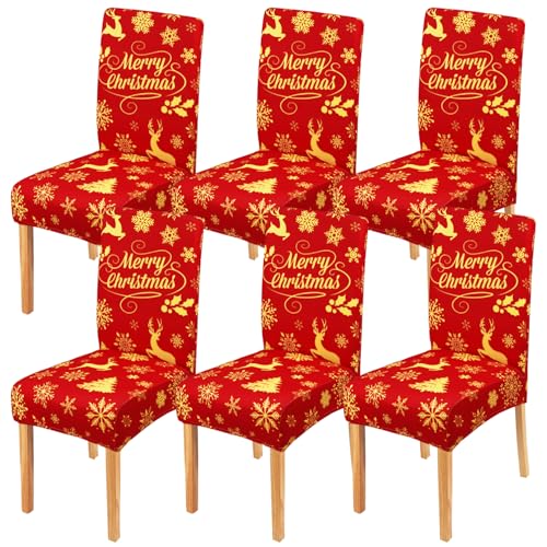 Red Snowflake Xmas Chair Covers Set of 6 - Elastic Removable Washable Dining Slipcovers for Holiday Decor
