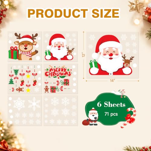 Christmas Window Clings Static Decals Set - Santa Snowflake Reindeer, 6 Sheets