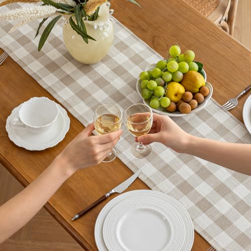 Alsoo Beige Gingham Table Runner 13 x 90 in - Cotton Linen Farmhouse Decor, Wrinkle Free