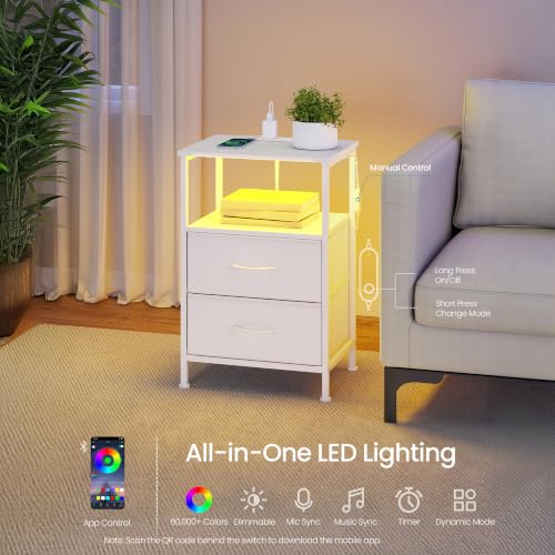 Modern Nightstand with Charging Station & App LED Lights - 2 Drawers