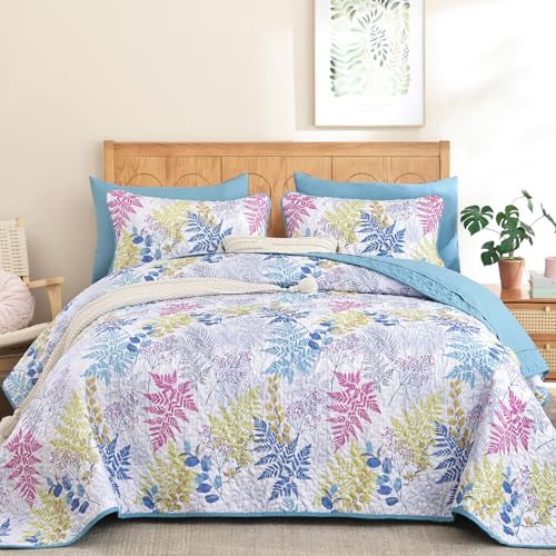 Blue Botanical Leaf Quilt Set King Size, 3-Piece Lightweight Microfiber Coverlet