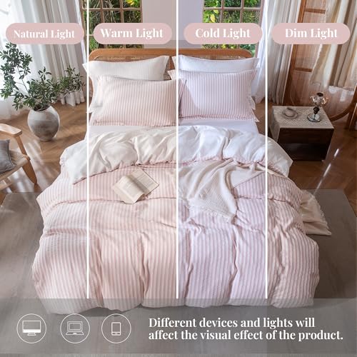Pink Boho Jacquard Striped Queen Duvet Cover Set - 100% Washed Cotton, 3 Piece