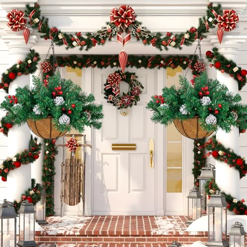 Ciaell 22inch Artificial Christmas Hanging Basket - Green Flocked Xmas Decor with Battery LEDs & Pine Cones