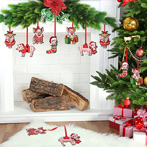 Farmhouse Christmas Pig Ornaments 36 Pcs Wooden Holiday Decorations for Tree & Gifting
