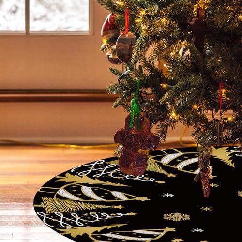 48-Inch Black and Gold Velvet Christmas Tree Skirt - Snowflake Base Cover