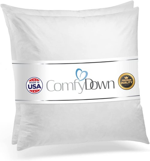 ComfyDown Set of Two20X20 Decorative Throw Pillow Insert, Down and Feathers Fill, 100% Cotton Cover 233 Thread Count, Square Pillow Insert - Made in USA