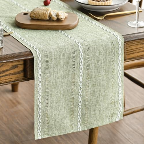 Sage Green Cotton Linen Table Runner - Embroidered Hollow 13x72 Inch
