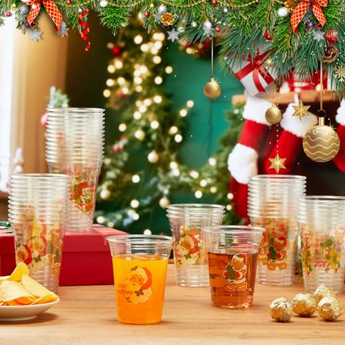 Mimorou 100 Pcs Christmas Plastic Cups 12oz Retro Xmas Party Disposable