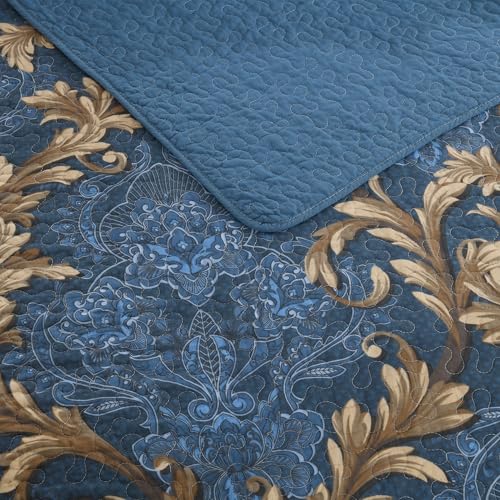 100% Cotton King Quilt Set - Reversible Blue Damask 3-Piece Bedspread