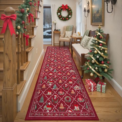 LIVEBOX Red Christmas Runner Rug 2.5 x 8 Ft Non-Slip Holiday Carpet for Hallway & Kitchen