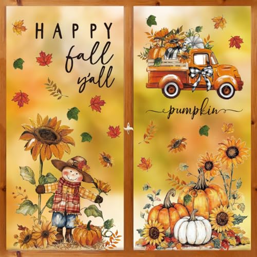 36 PCS Fall Window Cling Stickers - Scarecrow, Sunflower & Pumpkin Decor