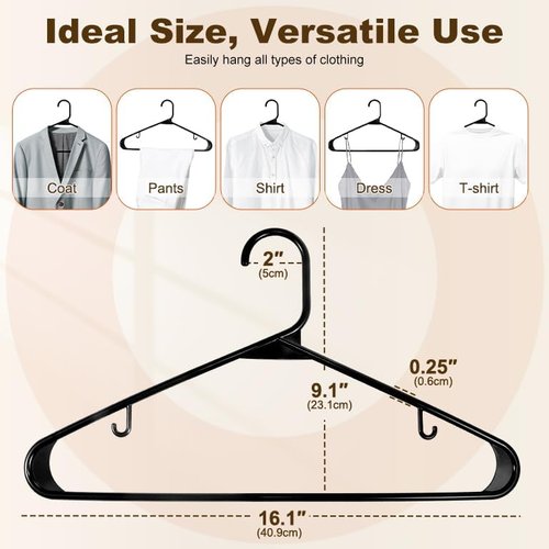 HOUSE DAY Black Plastic Hangers - Durable 50 Pack with Built-in Hooks | Space-Saving Closet Solution for Shirts, Coats, Dresses