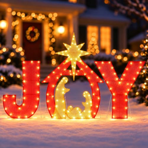 DULEFUN 6Ft x 4Ft Outdoor Christmas Nativity Yard Sign with Joy and Lighted Decor - Style C