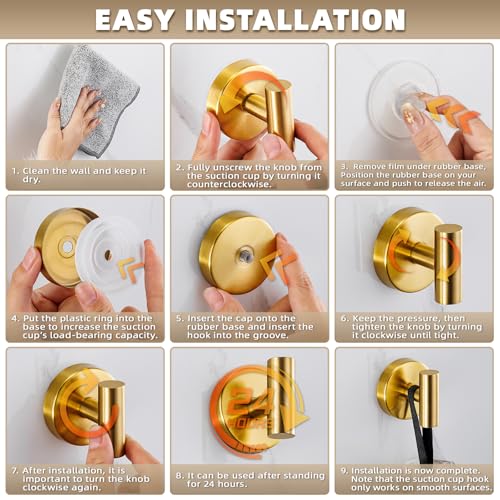Heavy Duty Suction Cup Hooks for Bathroom & Kitchen - Brushed Gold, 2 Pack