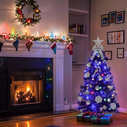 Blue 3Ft Christmas Tree with Ornaments & Warm White Lights - Hanukkah Decor with Timer