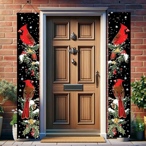 Christmas Cardinal Porch Banner Set 71x12 Inch Winter Holiday Door Decor with Holly & Snow Scene - Saoplasa