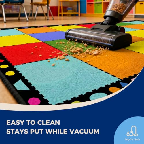 7'6" x 13' Classroom Rug, Non-Slip Preschool Carpet with Rainbow Squares
